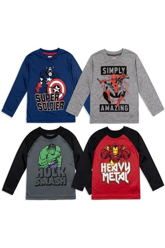 Avengers Spider-Man Iron Man Captain America Little Boys 4 Pack Athletic Long Sleeve T-Shirts Little Kid to Big Kid
