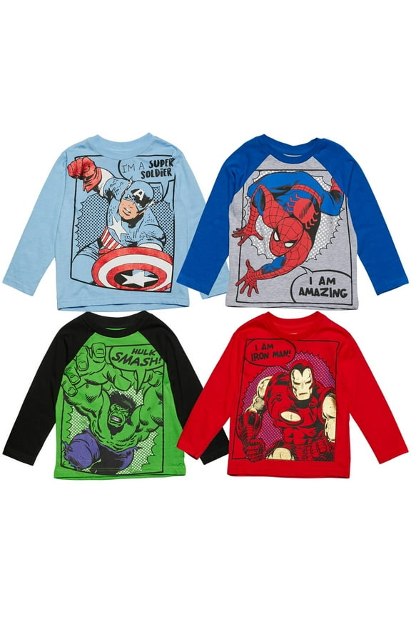 Avengers Spider-Man Iron Man Captain America Little Boys 4 Pack Long Sleeve T-Shirts Toddler to Big Kid