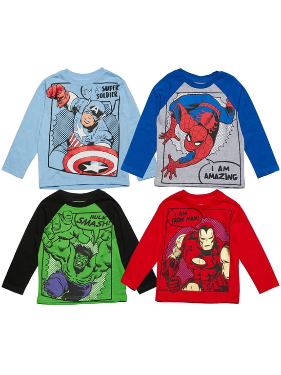 Avengers Spider-Man Iron Man Captain America Little Boys 4 Pack Long Sleeve T-Shirts Toddler to Big Kid