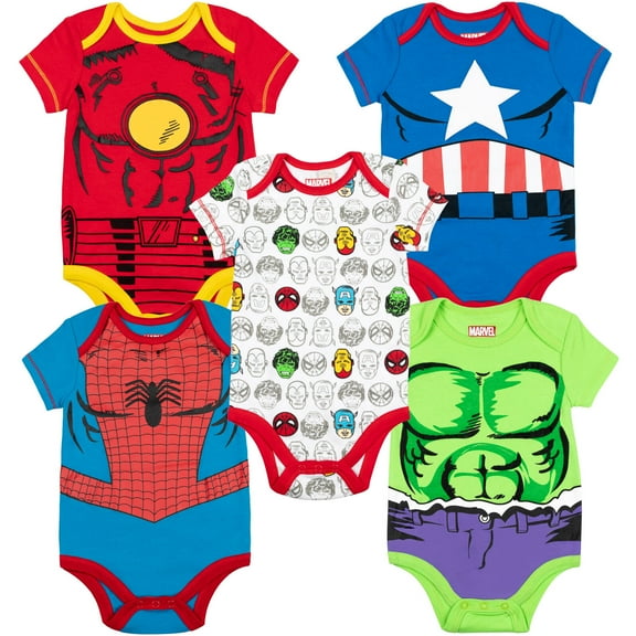 Marvel Avengers Spider-Man Iron Man Captain America Newborn Baby Boys 5 Pack Bodysuits Newborn to Infant