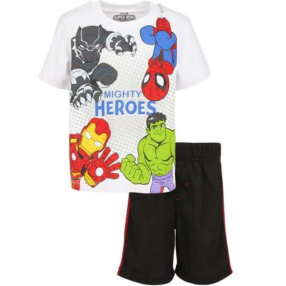 Marvel Avengers Spider-Man Iron Man Hulk Little Boys T-Shirt and Mesh Shorts Outfit Set Toddler to Little Kid