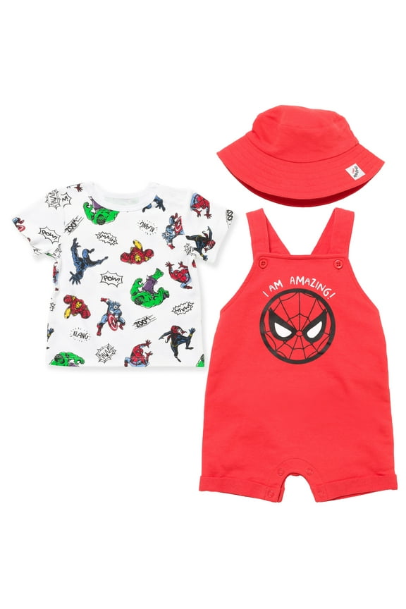 Avengers Spider-Man Iron Man Thor Infant Baby Boys French Terry Short Overalls T-Shirt and Hat 3 Piece Outfit Set Newborn to Infant