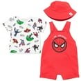 thumbnail image 1 of Marvel Avengers Spider-Man Iron Man Thor Newborn Baby Boys French Terry Short Overalls T-Shirt and Hat 3 Piece Outfit Set Newborn to Infant, 1 of 5