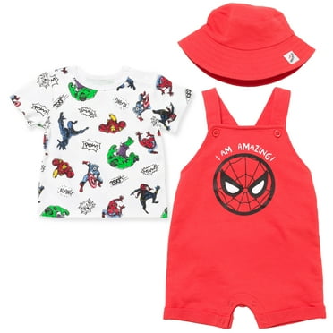 Marvel Avengers Spider-Man Iron Man Thor Newborn Baby Boys French Terry Short Overalls T-Shirt and Hat 3 Piece Outfit Set Newborn to Infant