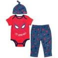 thumbnail image 1 of Marvel Avengers Spider-Man Newborn Baby Boys Bodysuit Pants and Hat 3 Piece Outfit Set Newborn to Infant, 1 of 5
