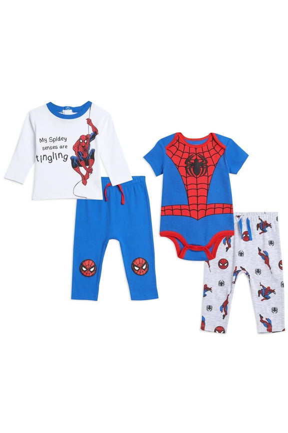 Avengers Spider-Man Newborn Baby Boys Bodysuit Pullover T-Shirt and Pants 4 Piece Layette Set Newborn to Infant