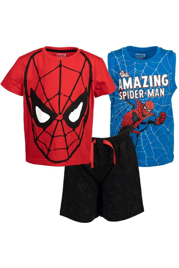 Avengers Spider-Man Toddler Boys T-Shirt French Terry Tank Top and Shorts 3 Piece Outfit Set Toddler to Big Kid