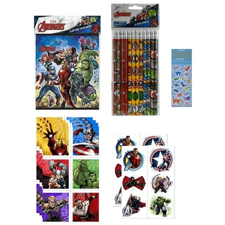 Marvel Avengers Super Hero Birthday Party Supplies Bundle Includes 8 Loot Bags, 12 Pencils, 12 Tattoos, 24 Avengers Stickers, 1 Dinosaur Sticker Sheet