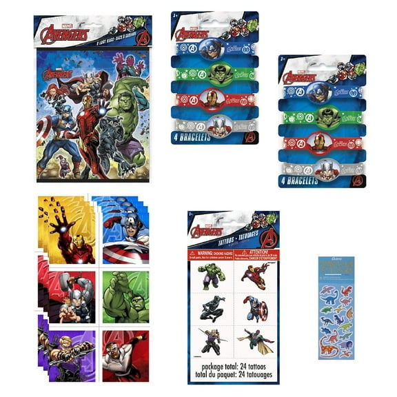 Marvel Avengers Super Hero Birthday Party Supplies Bundle Includes 8 Loot Bags, 8 Bracelets, 24 Tattoos, 24 Avengers Stickers, 1 Dinosaur Sticker Sheet