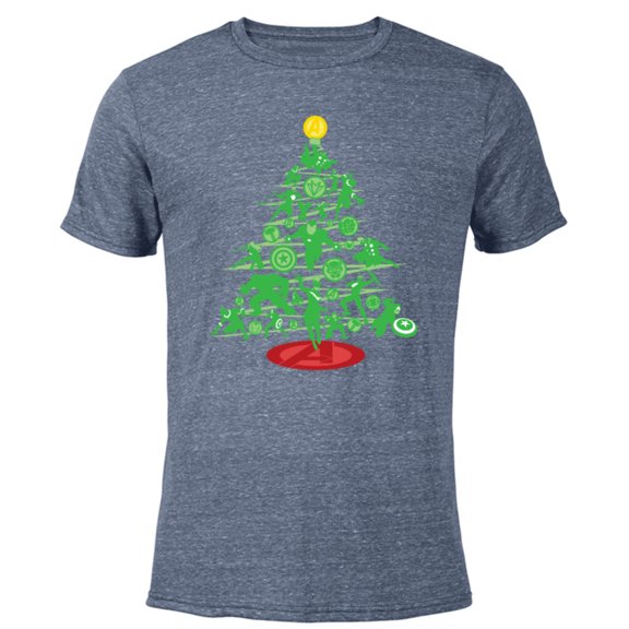 Marvel Avengers Super Hero Christmas Tree Holiday - Short Sleeve Blended T-Shirt for Adults – Customized-Navy Heather