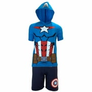 Marvel Avengers Superheroes Boys Character Lightweight Short Sleeve Hoodie T-Shirt & Shorts Ath Short Set (Captain America, Sizes 2T-16)