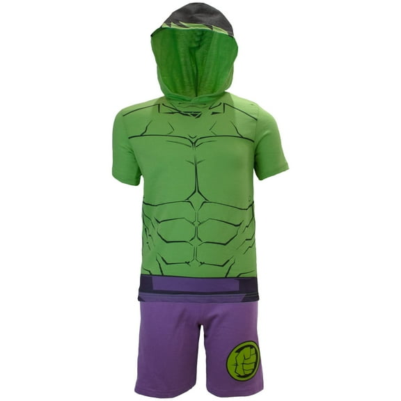 Marvel Avengers Superheroes Boys Character Lightweight Short Sleeve Hoodie T-Shirt & Shorts Athleisure Short Set (The Hulk, Sizes 2T-16)