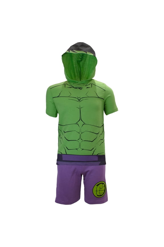 Avengers Superheroes Boys Character Lightweight Short Sleeve Hoodie T-Shirt & Shorts Athleisure Short Set (The Hulk, Sizes 2T-16)