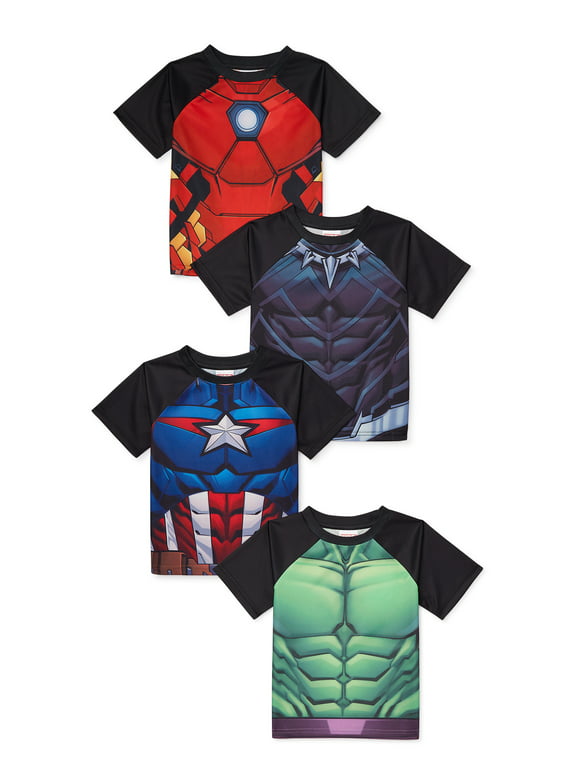 Marvel Avengers Toddler Boy 4Pk Short Sleeve Sublimated Cosplay Tees - Hulk, Captain America, Black Panther, Iron Man, Sizes 2T-5T