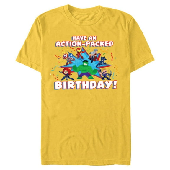 Marvel Avengers Toony Party Have an Action-Packed Birthday - Short Sleeve Blended T-Shirt for Adults - Customized-Yellow