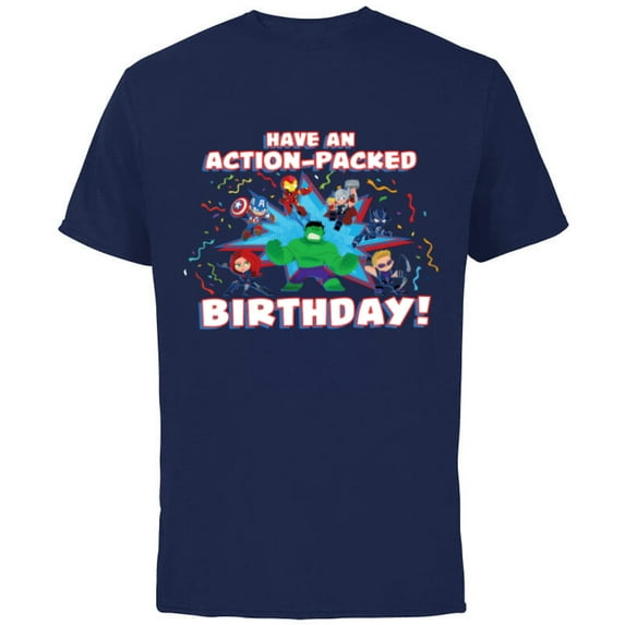 Marvel Avengers Toony Party Have an Action-Packed Birthday - Short Sleeve Cotton T-Shirt for Adults - Customized-Navy