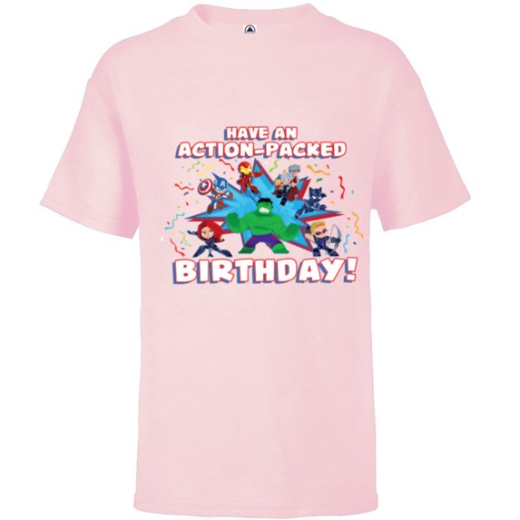 Marvel Avengers Toony Party Have an Action-Packed Birthday - Short Sleeve T-Shirt for Kids - Customized-Soft Pink