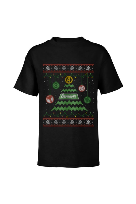 Avengers Ugly Christmas Sweater Retro Tree Holiday - Short Sleeve T-Shirt for Kids - Customized-Black