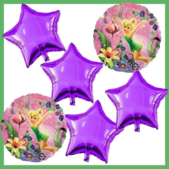 Enchanting Tinkerbell Balloon Set - 2 Round & 4 Sparkling Stars! (6 Pieces)