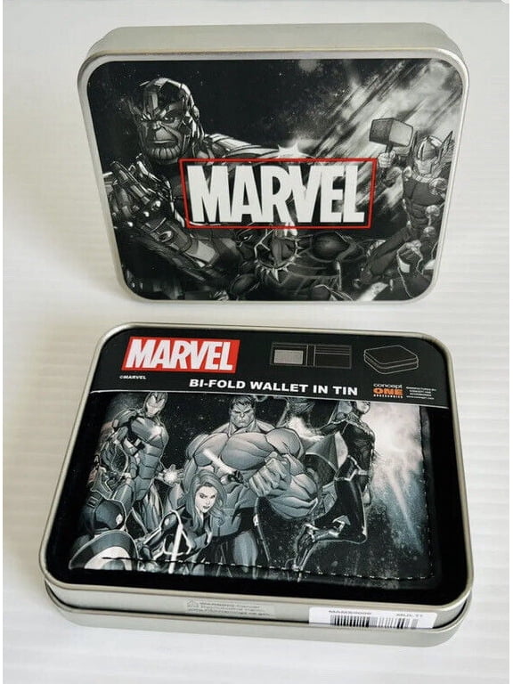 Marvel Avengers Wallet, Thanos Slim Bifold Wallet with Decorative Tin Case for Men and Women, Multicolor