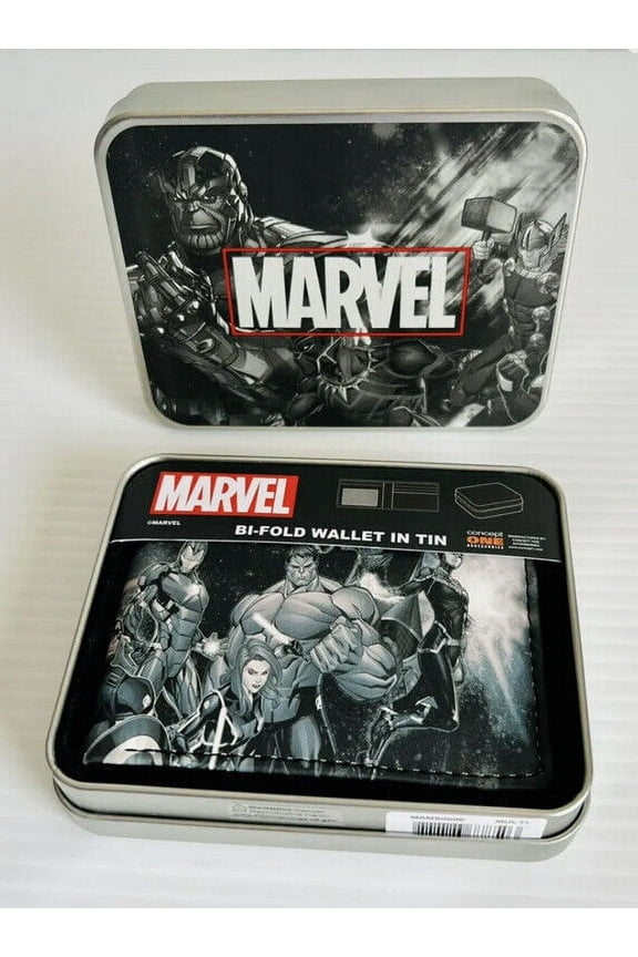 Marvel Avengers Wallet, Thanos Slim Bifold Wallet with Decorative Tin Case for Men and Women, Multicolor