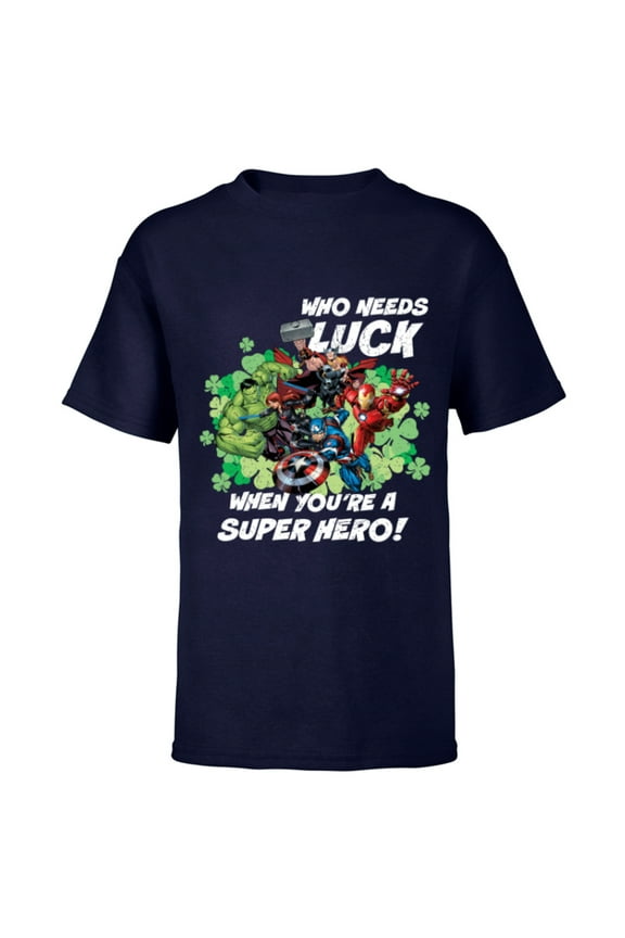 Avengers Who Needs Luck Super Hero St. Patrick’s Day - Short Sleeve T-Shirt for Kids - Customized-Navy