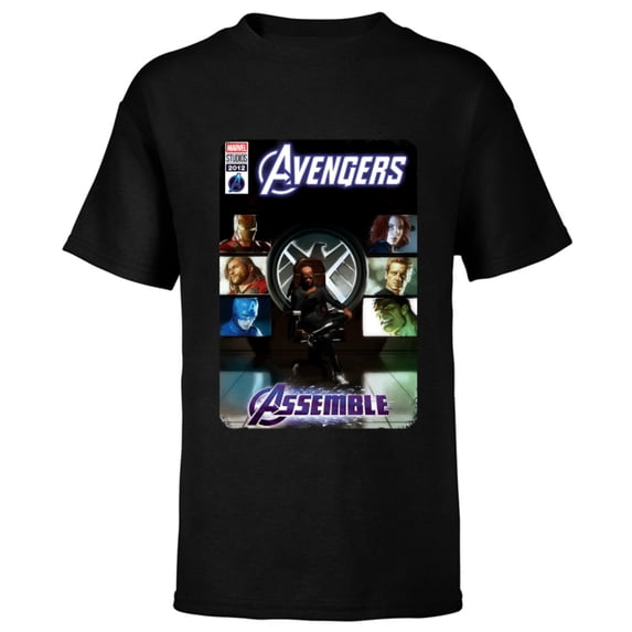 Marvel Avengers and Nick Fury Comic Cover - Short Sleeve T-Shirt for Kids - Customized-Black