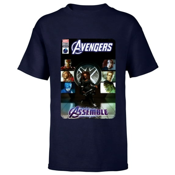 Marvel Avengers and Nick Fury Comic Cover - Short Sleeve T-Shirt for Kids - Customized-Navy