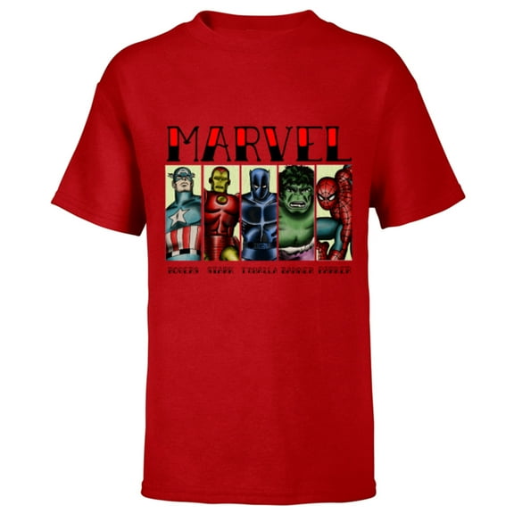 Marvel Avengers and Spider-Man Super Hero Real Names Retro - Short Sleeve T-Shirt for Kids - Customized-Red