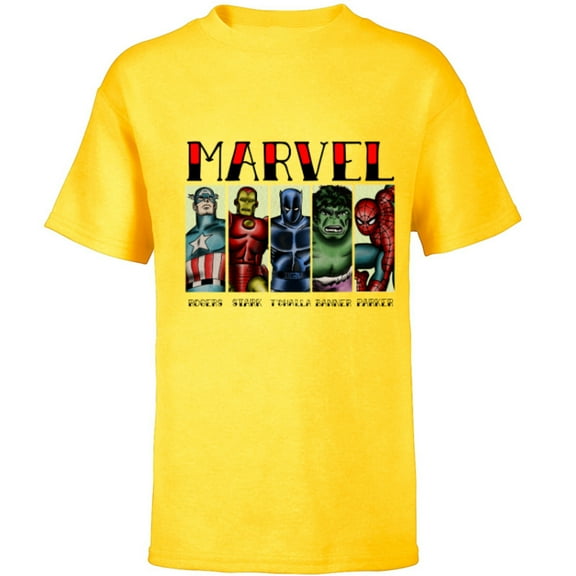 Marvel Avengers and Spider-Man Super Hero Real Names Retro - Short Sleeve T-Shirt for Kids - Customized-Yellow