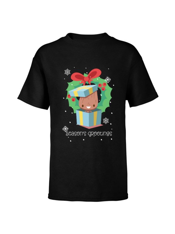 Baby Groot Christmas Holiday Season’s Grootings Cute - Short Sleeve T-Shirt for Kids - Customized-Black