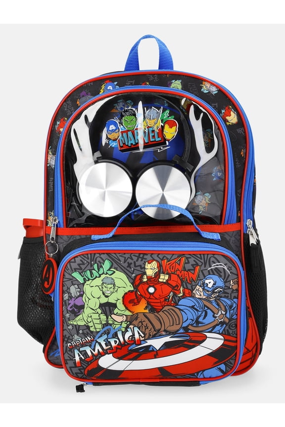 Marvel Black Backpack Set with Lunch kit, Headphones and Water Bottle