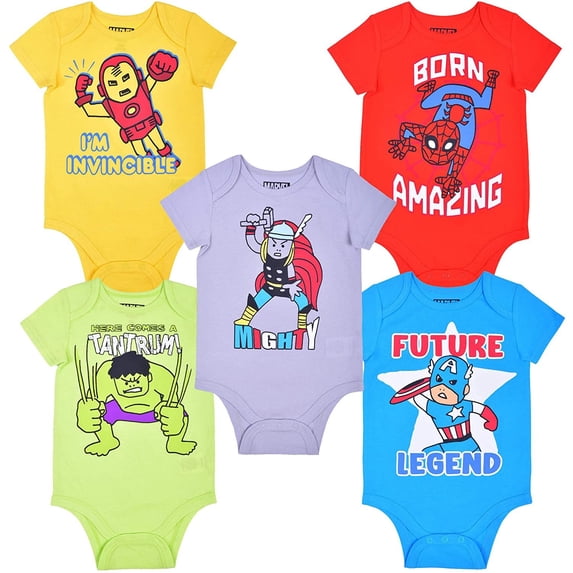 Marvel Boy's 5-Pack Avengers Short Sleeve Onesie Creepers Assortment