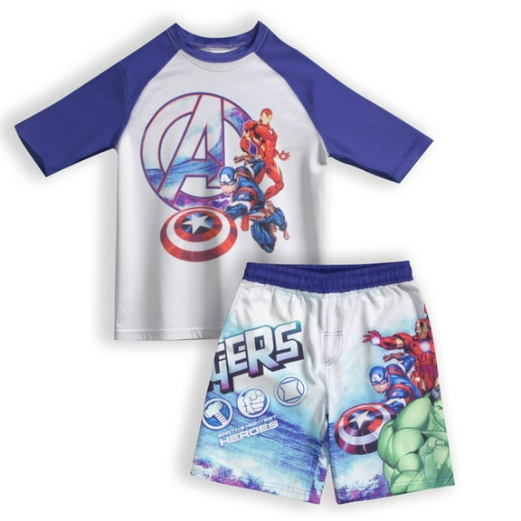 Marvel Boys Avengers 2-Piece Rash Guard Swim Set, Quick Drying Swim Shirt & Trunks, Superhero Swimsuit for Kids (Sizes 4-12)
