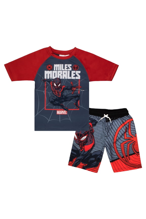 Boys Avengers 2-Piece Swimsuit Set, Rash Guard & Swim Trunks 2-Pack Bundle Set for Boys (Spider-Man, Size 4)