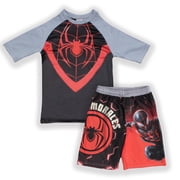 Marvel Boys Spider-Man Miles Morales 2-Piece Rash Guard Swim Set, Quick Drying Swim Shirt & Trunks, Superhero Swimsuit for Kids (Sizes 8-12)