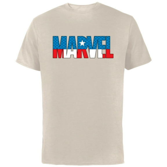Marvel Brick Logo in Captain America Colors - Short Sleeve Cotton T-Shirt for Adults - Customized-Natural