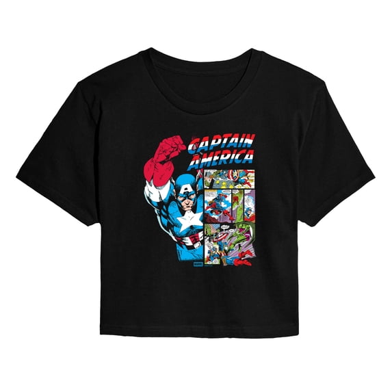 Marvel - Captain America Comic Panel Portrait - Juniors Cropped Short Sleeve Graphic T-Shirt