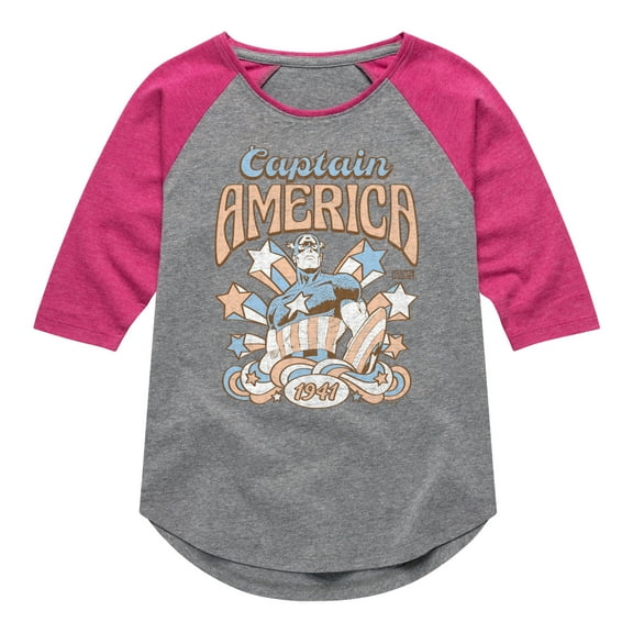 Marvel Captain America - Retro Stars and Stripes - Toddler and Youth Girls Shirt Tail Raglan