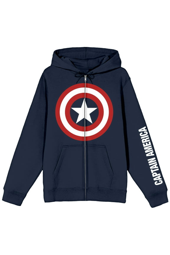 Marvel Captain America Shield Logo Long Sleeve Navy Blue Unisex Adult Zip-Up Hoodie-Medium