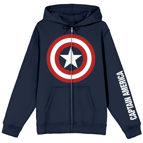 Marvel Captain America Shield Logo Long Sleeve Navy Blue Unisex Adult Zip-Up Hoodie-Small