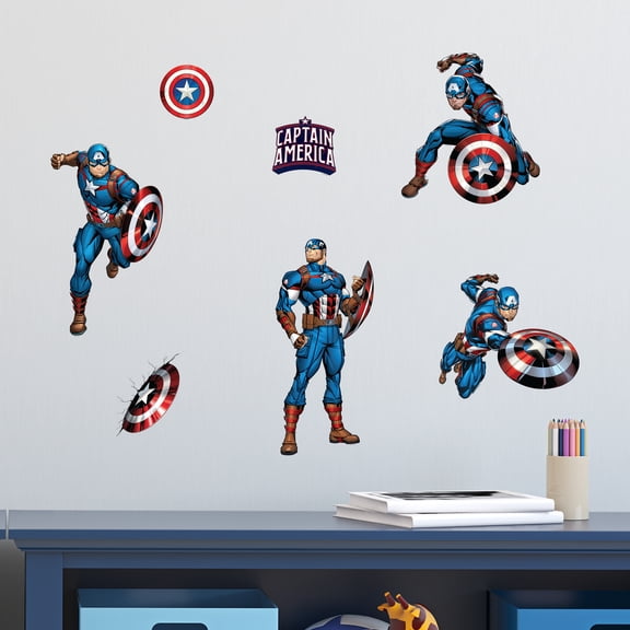 Marvel Captain America Wall Decals - Set of 7 Removable Vinyl Stickers for Kids Bedroom Playroom Bathroom - Peel and Stick Room Décor