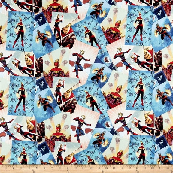 Marvel Captain Marvel Scenes Multi Cotton Fabric Fabric by the Yard