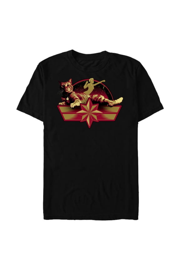 Captain Marvel Star Symbol and Goose the Cat - Short Sleeve Blended T-Shirt for Adults - Customized-Black