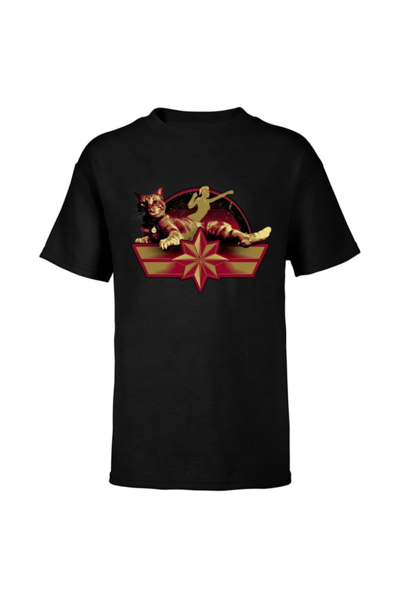 Captain Marvel Star Symbol and Goose the Cat - Short Sleeve T-Shirt for Kids - Customized-Black