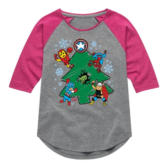 Marvel - Christmas Sketch - Youth Girls Shirt Tail Raglan T-Shirt