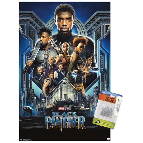 Marvel Cinematic Universe - Black Panther - Group One Sheet Wall Poster with Push Pins, 14.725" x 22.375"