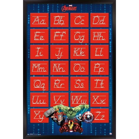 Marvel Comics - Avengers - Alphabet - Write Letters Wall Poster, 14.725" x 22.375", Framed