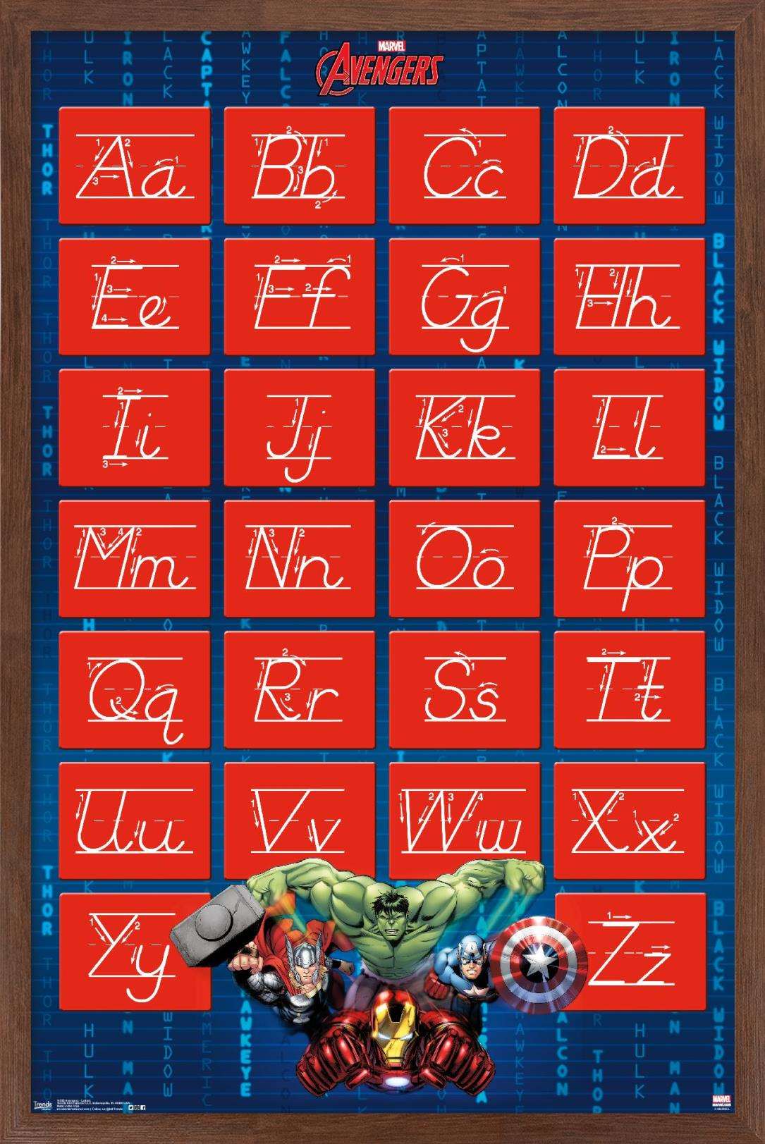 Marvel Comics - Avengers - Alphabet - Write Letters Wall Poster, 14.725" x 22.375", Framed