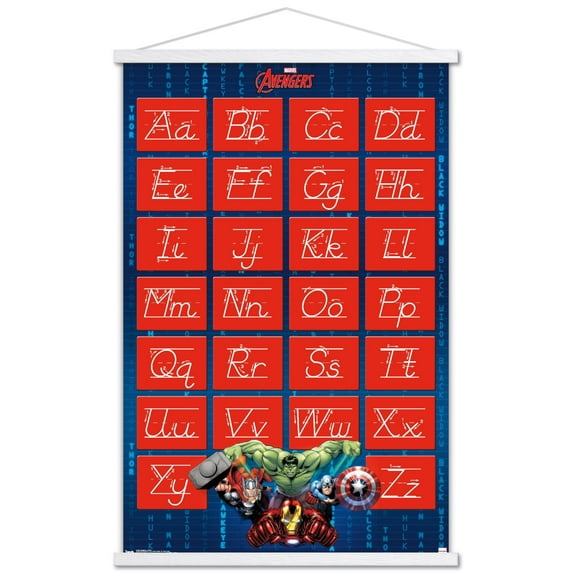 Marvel Comics - Avengers - Alphabet - Write Letters Wall Poster with Wooden Magnetic Frame, 22.375" x 34"